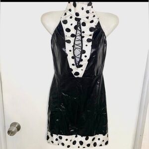 Cruella DeVille Black White Polka Dot Halter mini Dress costume S sexy Dalmatian